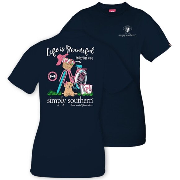 SIMPLY SOUTHERN Life is Beautiful Enjoy the Ride Short Sleeve Tee Navy Blue M - Picture 1 of 16